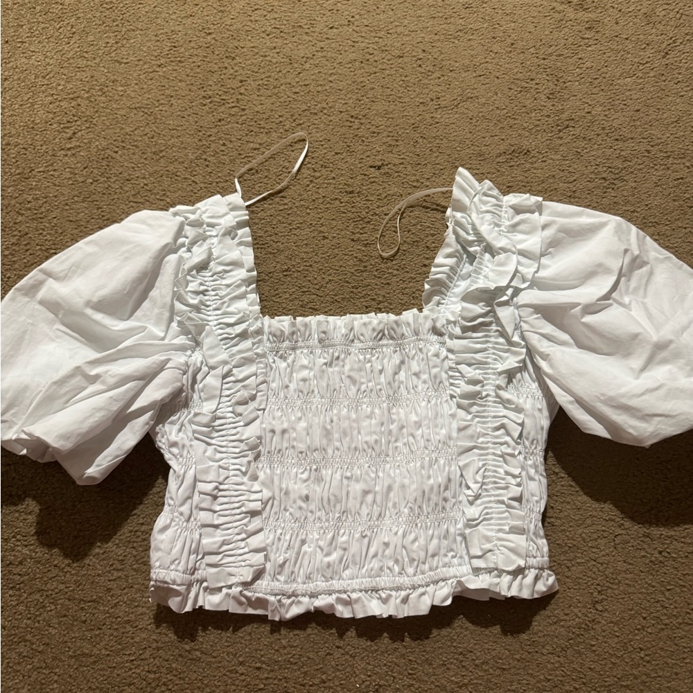 Endless Rose White Smocked Puff Sleeve Blouse